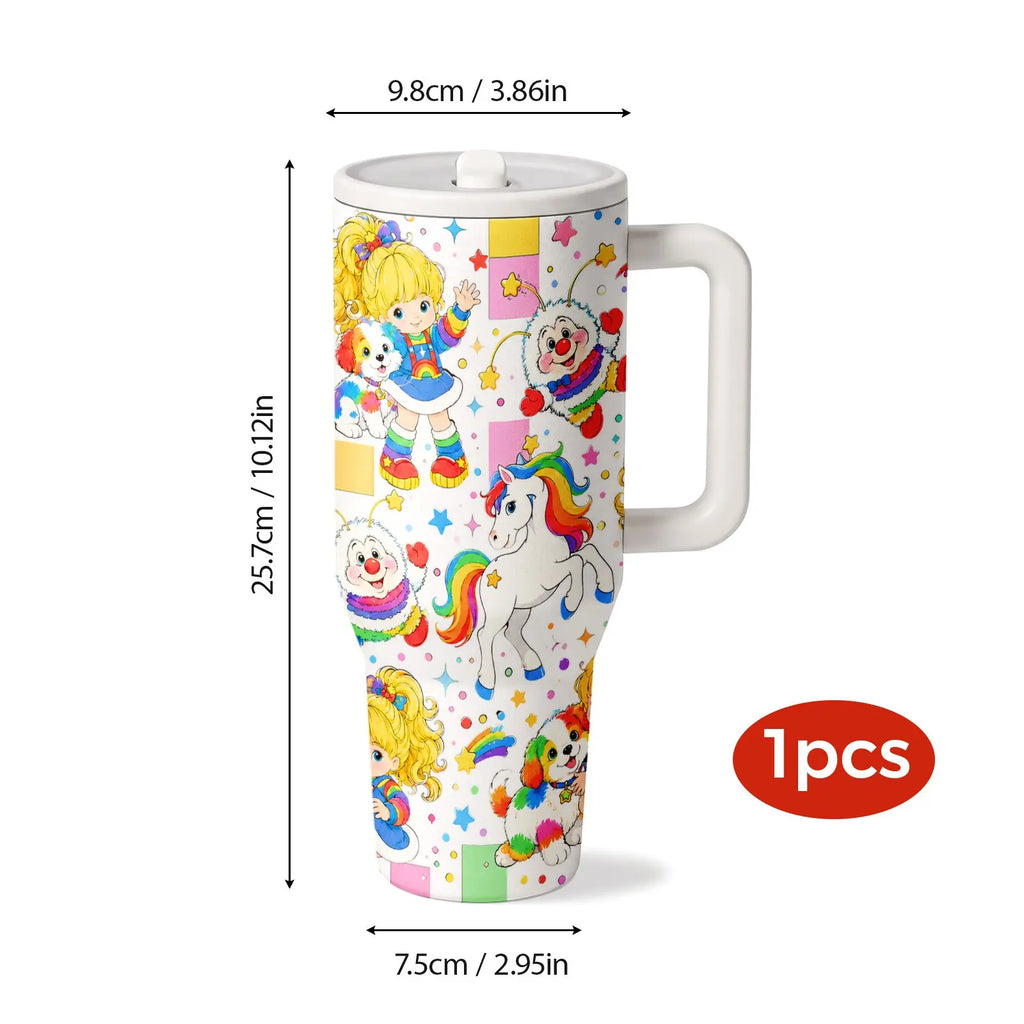 1pc 40oz Vintage Rainbow Brite Cartoon Insulated Drink Tumbler with Handle and Straw, Black Background 80s Retro Rainbow Pony Seamless Print Insulated Travel Mug, Drinkware Tumbler, Large Capacity Stainless Steel Water Cup for Nostalgic Fans Birth...