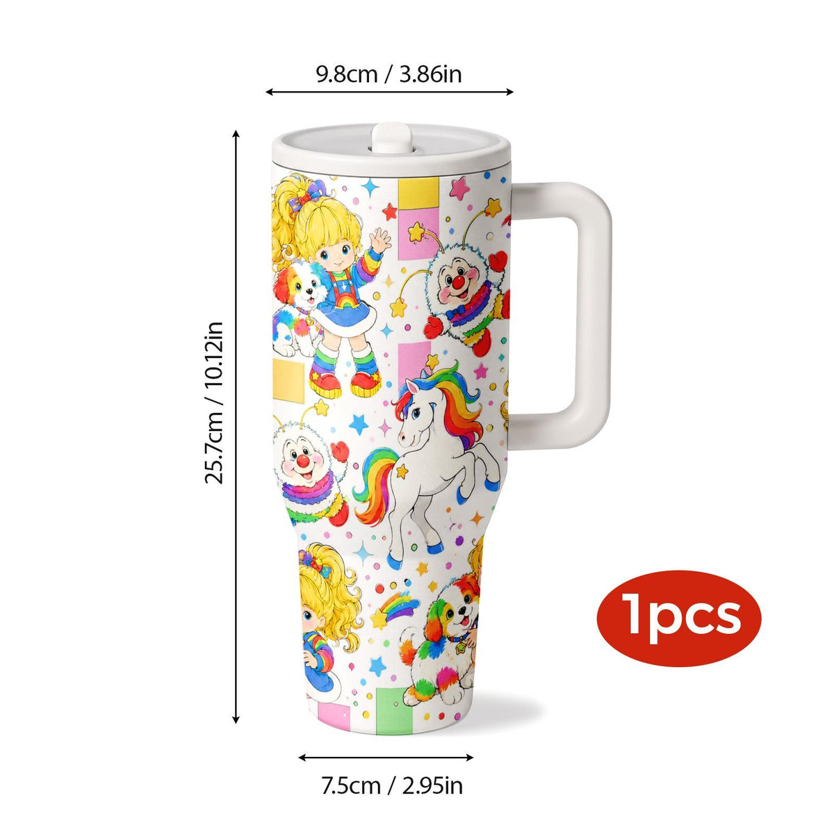 1pc 40oz Vintage Rainbow Brite Cartoon Insulated Drink Tumbler with Handle and Straw, Black Background 80s Retro Rainbow Pony Seamless Print Insulated Travel Mug, Drinkware Tumbler, Large Capacity Stainless Steel Water Cup for Nostalgic Fans Birth...