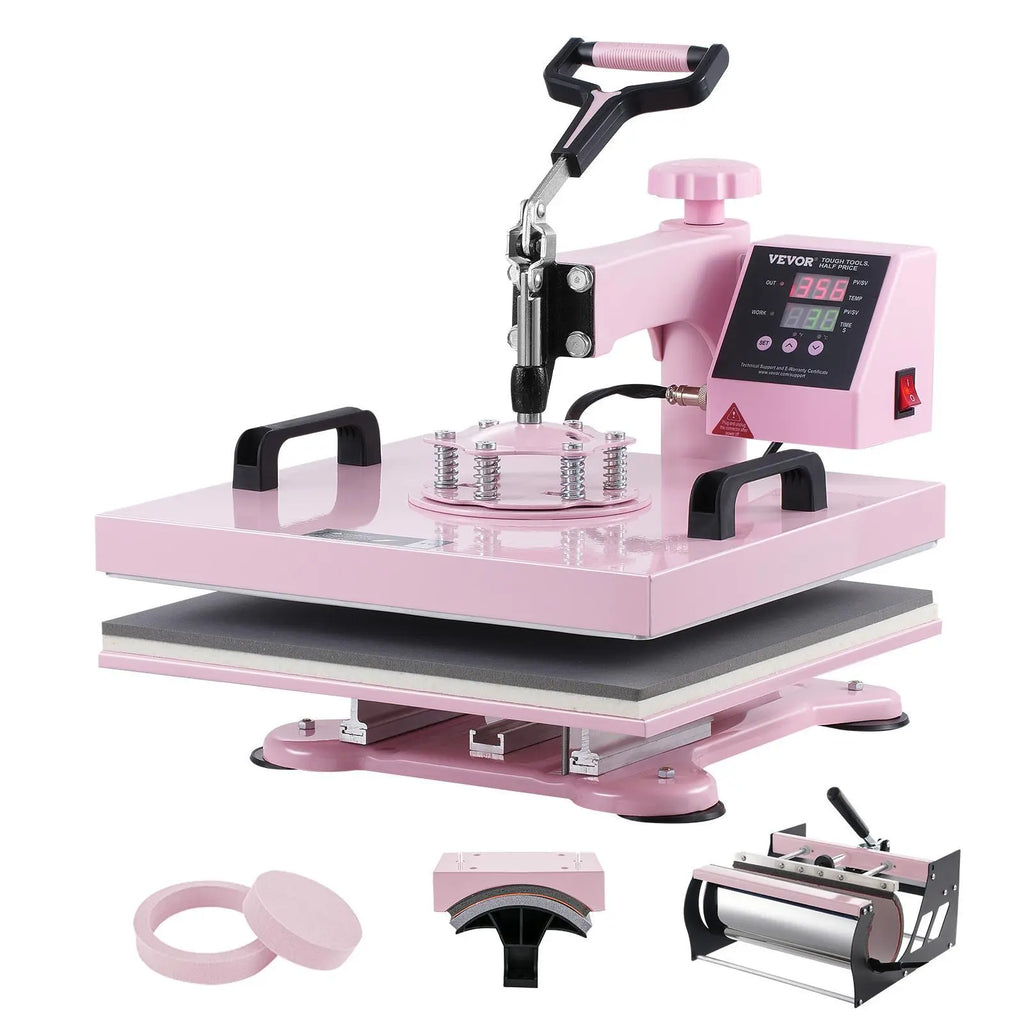 VEVOR 5-in-1 Heat Press Machine - 15x15 inch Household Home Appliances, 30oz Tumbler Press, Swing-Away Arm, 360° Rotation, Digital Control, Dual Insulated, 0-250℃, for T-Shirts/Hats, Pink, Tool Upgrade