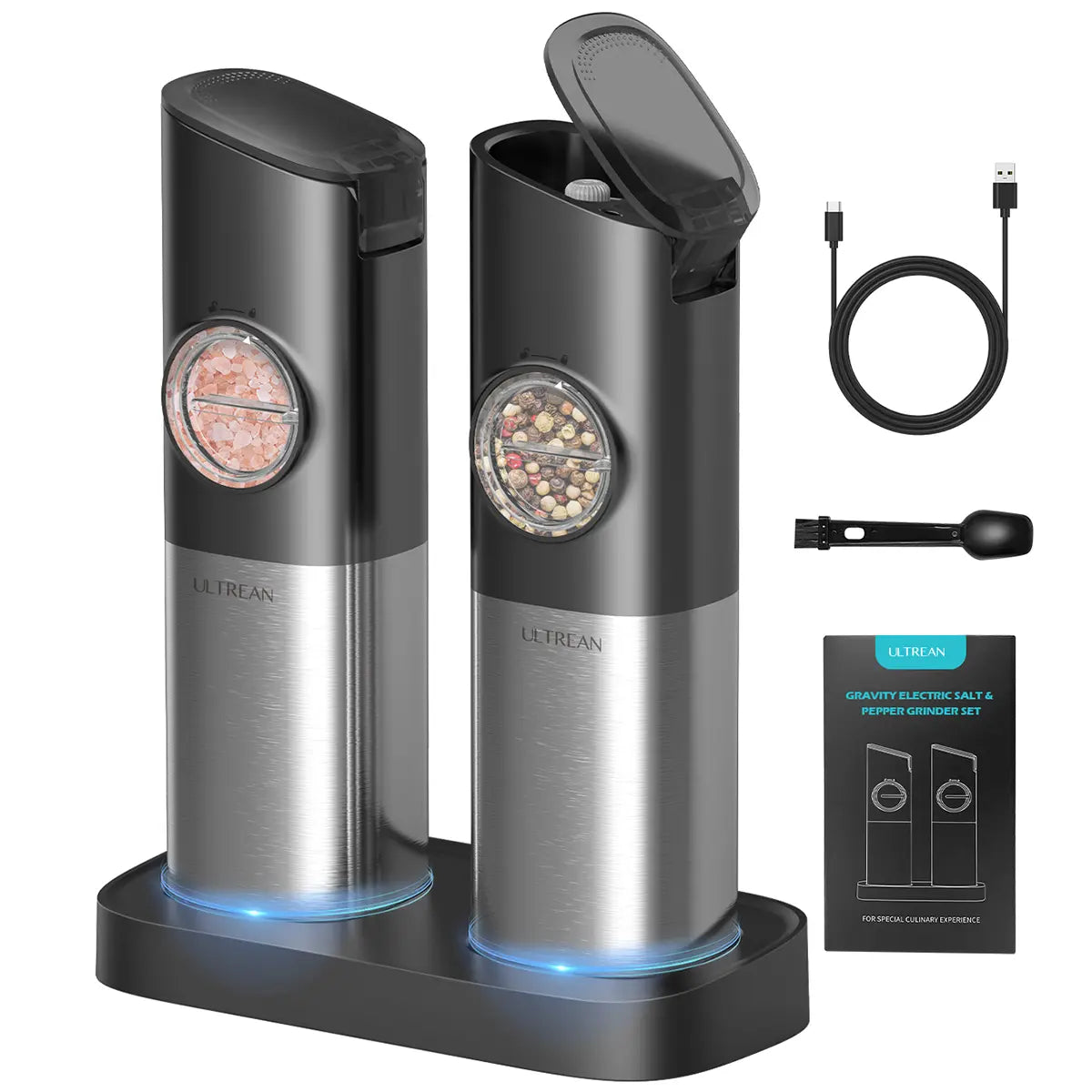 Ultrean 2pcs Sturdy Compact Rechargeable Electric Salt & Pepper Grinder Set, Stainless Steel Kitchen Seasoning Utensils for Everyday Use, Adjustable Coarseness, Auto Dust Lids, LED 1-Hand Operation