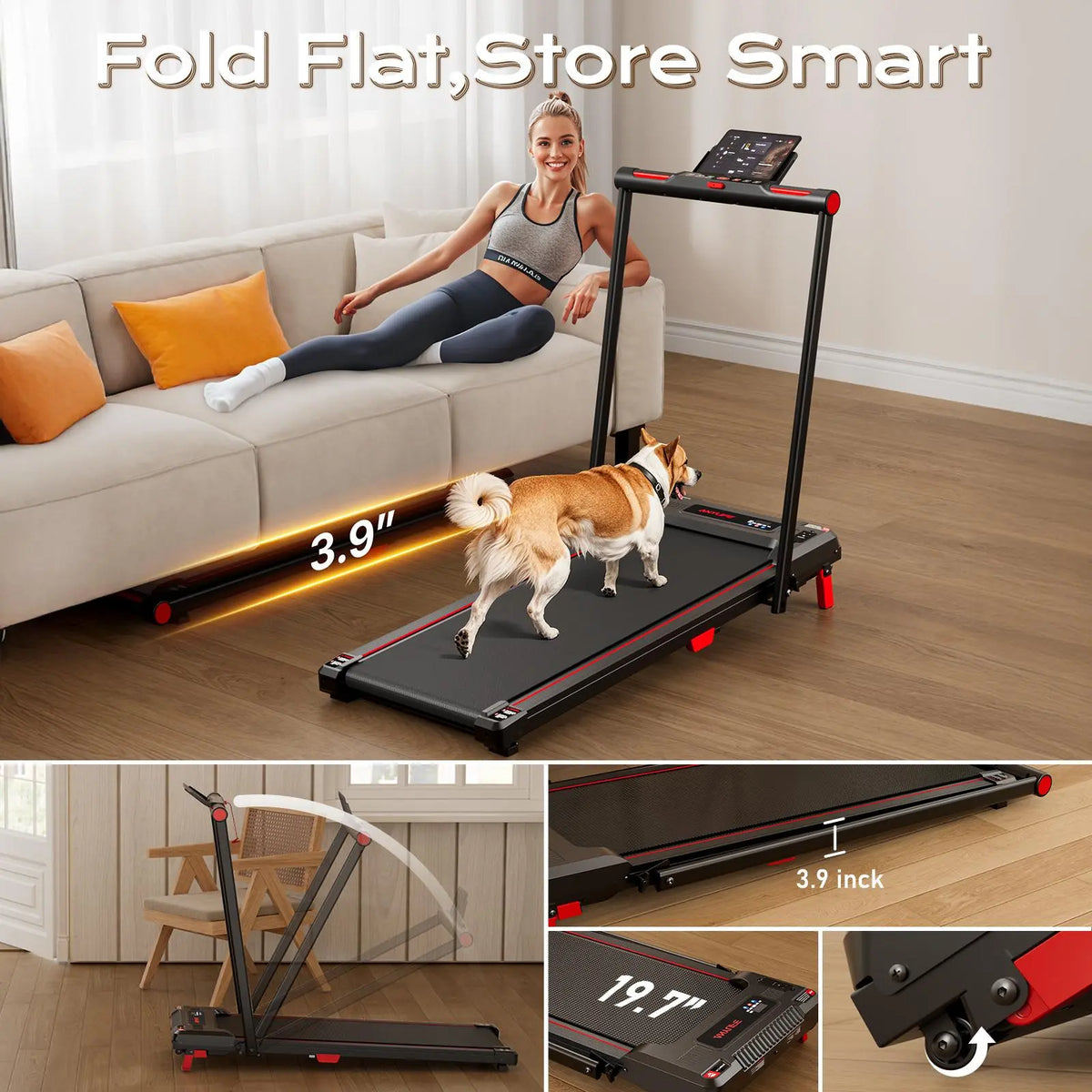 ANYLIFE Foldable Home Gym Treadmill - 2-in-1 Under Desk Incline Walking Pad, 2.5HP Quiet Motorized Steel Frame, 330 lbs Capacity, LED Display, Treadmills for Home, Workout & Exercise Equipment