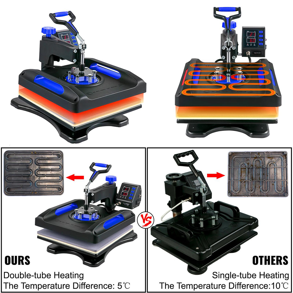 【toolupgrade】VEVOR Heat Press Machine 15 x 15 Inch 8 in 1 Heat Press 800W Sublimation Machine 360° Rotation Swing Away 8 in 1 Shirt Printing Machine Dual-Tube Heating for DIY T-Shirts Cap & Mugs Blue