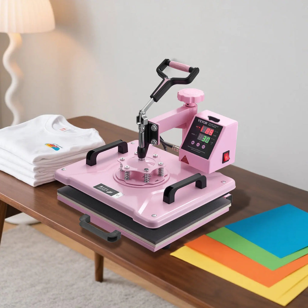 VEVOR Heat Press Machine, 12x 15 inch, 5 in 1 Heat Transfer Machine with 30 oz Tumbler Press, 360 Swing Away T-Shirt Pressing, Digital Precise Control, for T-Shirts/Mugs/Hats/Plates, Pink, 5-In-1 Combo