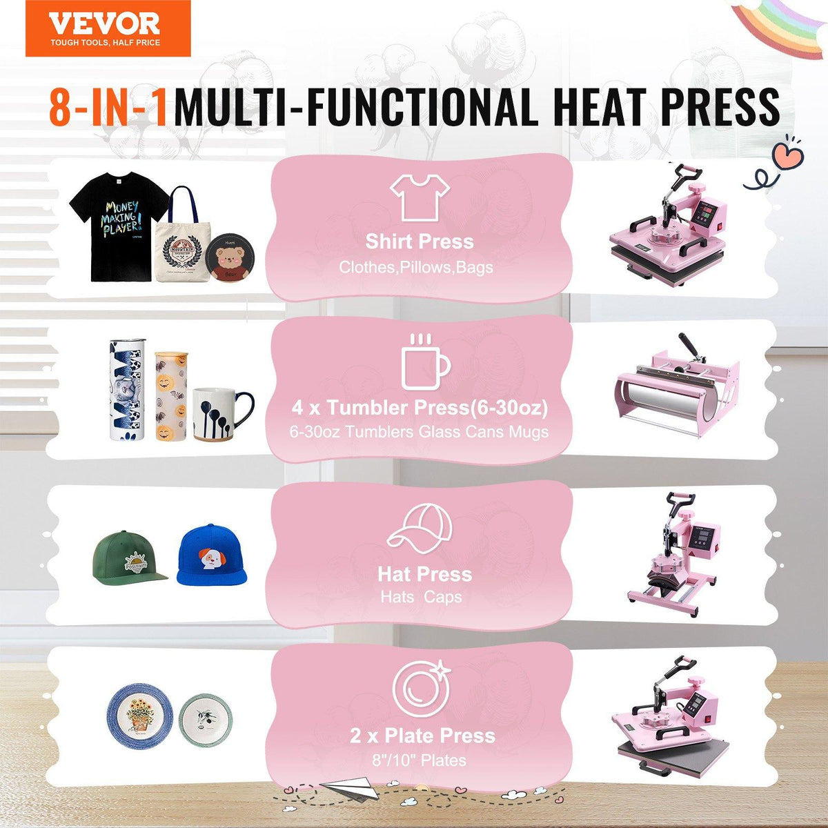 VEVOR Heat Press Machine, 12x 15 inch, 5 in 1 Heat Transfer Machine with 30 oz Tumbler Press, 360 Swing Away T-Shirt Pressing, Digital Precise Control, for T-Shirts/Mugs/Hats/Plates, Pink, 5-In-1 Combo