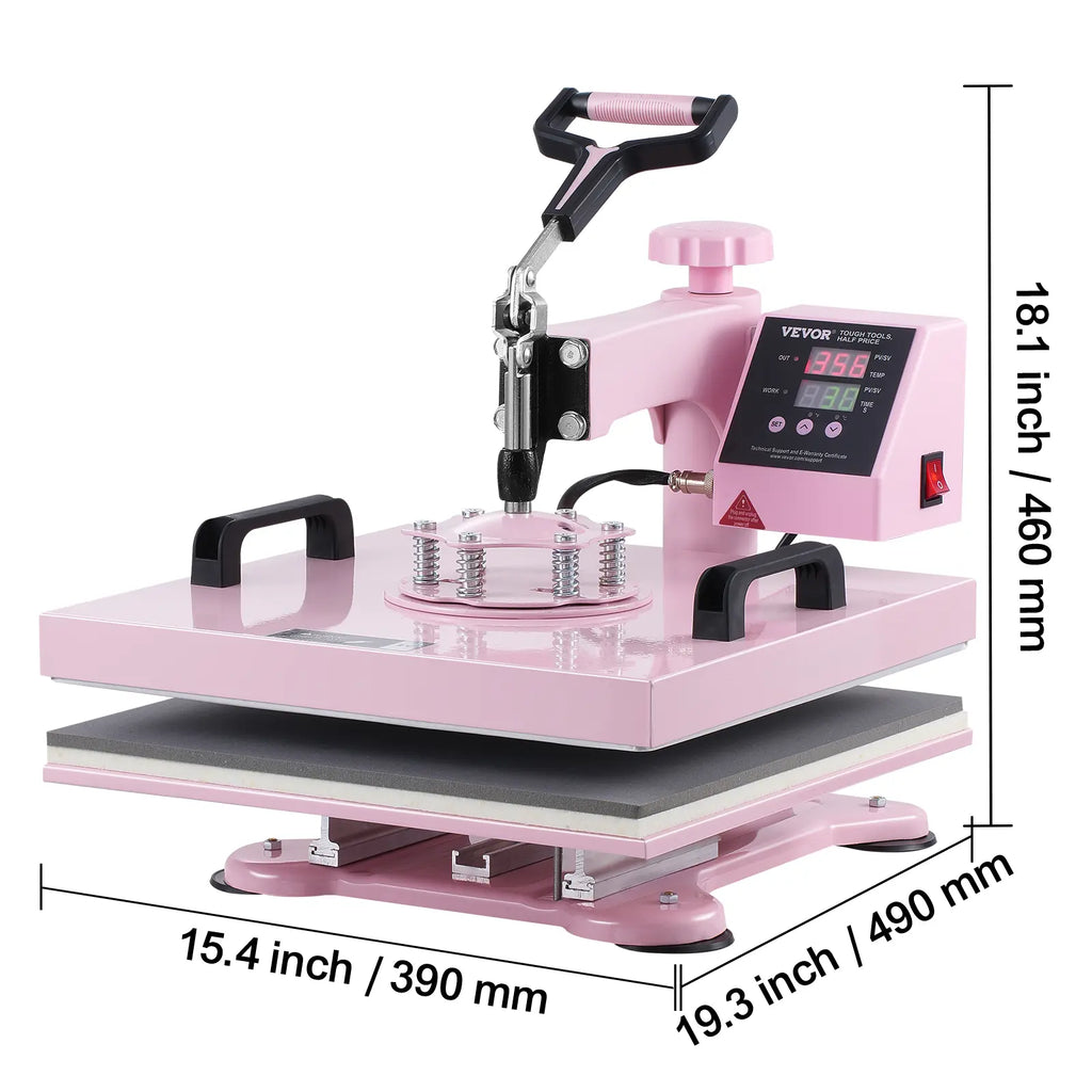 VEVOR Multifunction 5-in-1 Heat Press Machine, 15x15 in, 30 oz Dual Insulated Tumbler Press, Swing-Away Arm, Digital Control, 0–999s Timer, Pull-Out Drawer, for T-Shirts/Hats, Heat Transfer, Pink, Ideal for Beginners