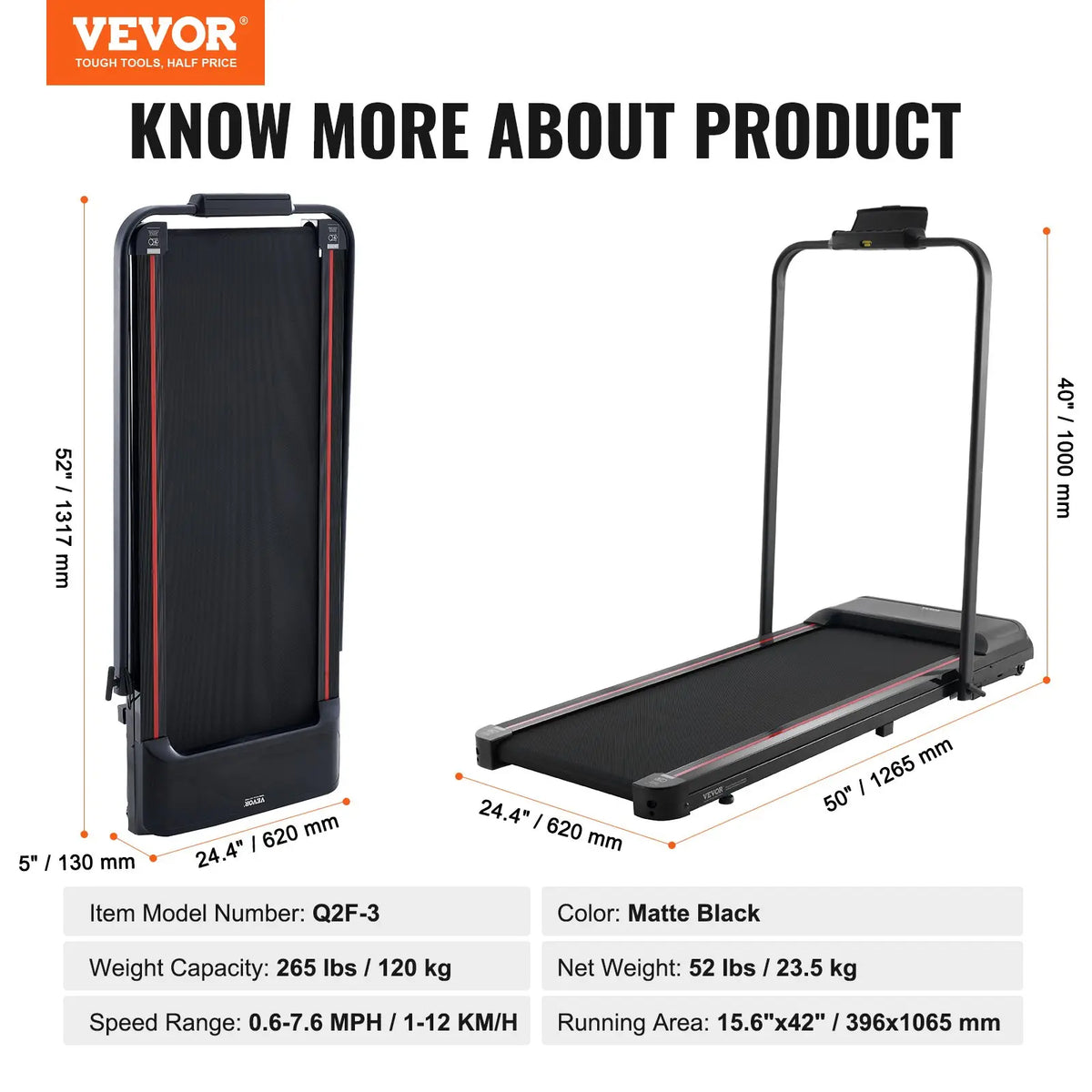 【toolupgrade】VEVOR 2-in-1 Under Desk Treadmill, 15.6"x42"/396x1065 mm Anti-Slip Surface Belt, 2.5HP Motor, 0.6-7.6 mph Walking/Run Speed, Shock Absorb, Collapseable Portable Pad, Handle Bar, Remote Control, LED Display, 265 Lbs Capacity for Home O...