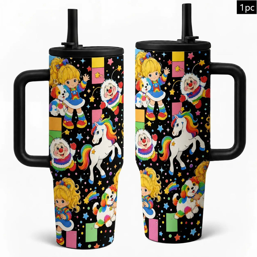 1pc 40oz Vintage Rainbow Brite Cartoon Insulated Drink Tumbler with Handle and Straw, Black Background 80s Retro Rainbow Pony Seamless Print Insulated Travel Mug, Drinkware Tumbler, Large Capacity Stainless Steel Water Cup for Nostalgic Fans Birth...