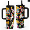 1pc 40oz Vintage Rainbow Brite Cartoon Insulated Drink Tumbler with Handle and Straw, Black Background 80s Retro Rainbow Pony Seamless Print Insulated Travel Mug, Drinkware Tumbler, Large Capacity Stainless Steel Water Cup for Nostalgic Fans Birth...