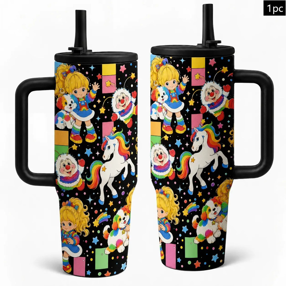 1pc 40oz Vintage Rainbow Brite Cartoon Insulated Drink Tumbler with Handle and Straw, Black Background 80s Retro Rainbow Pony Seamless Print Insulated Travel Mug, Drinkware Tumbler, Large Capacity Stainless Steel Water Cup for Nostalgic Fans Birth...
