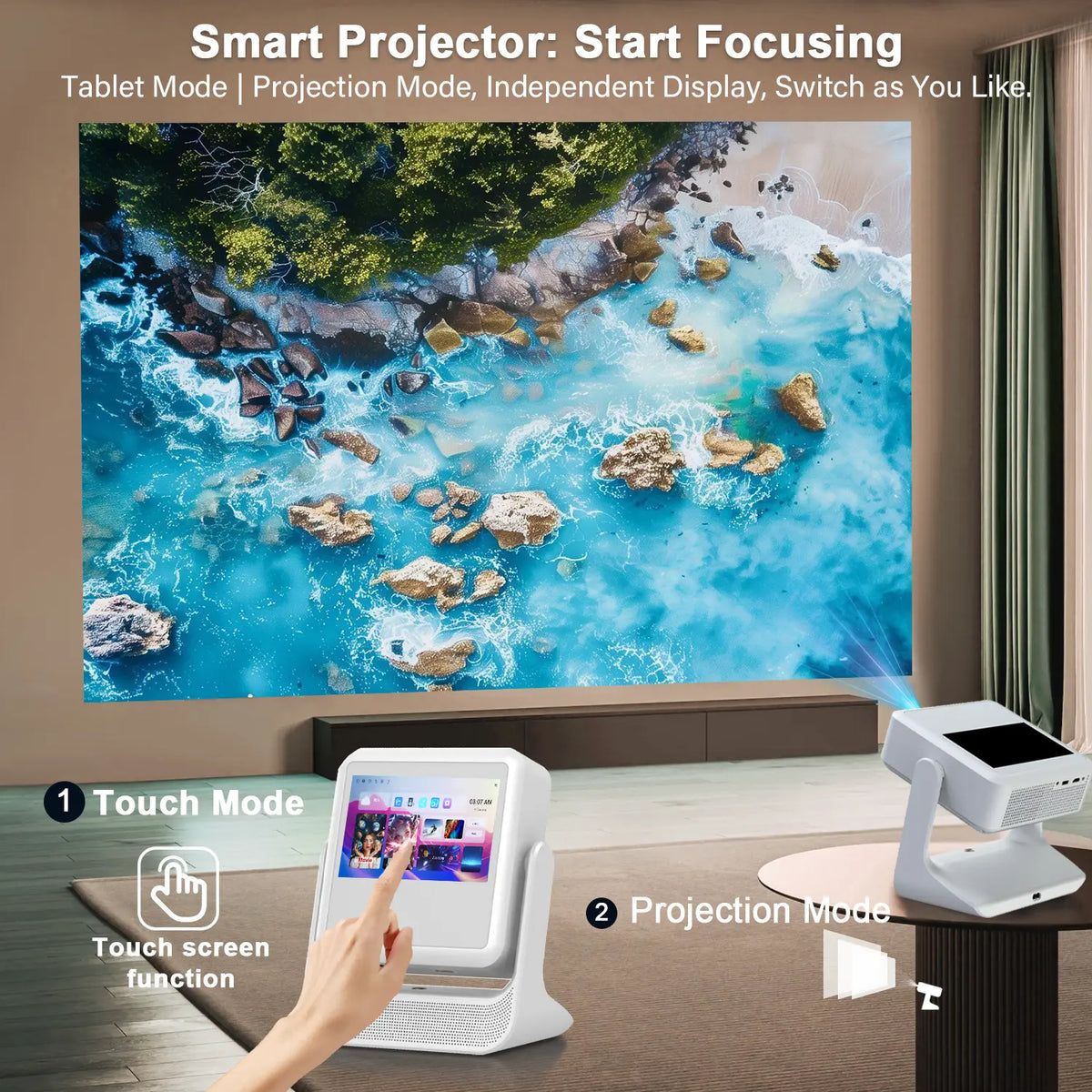 A2pro 8-inch Touch Screen Projector - Native 1080P, 4K Supported, Auto Focus & Correction, Dolby Audio, Wi-Fi 6, Bluetooth Connection, 180° Rotatable, Home Projector for Games, Movies, Gifts