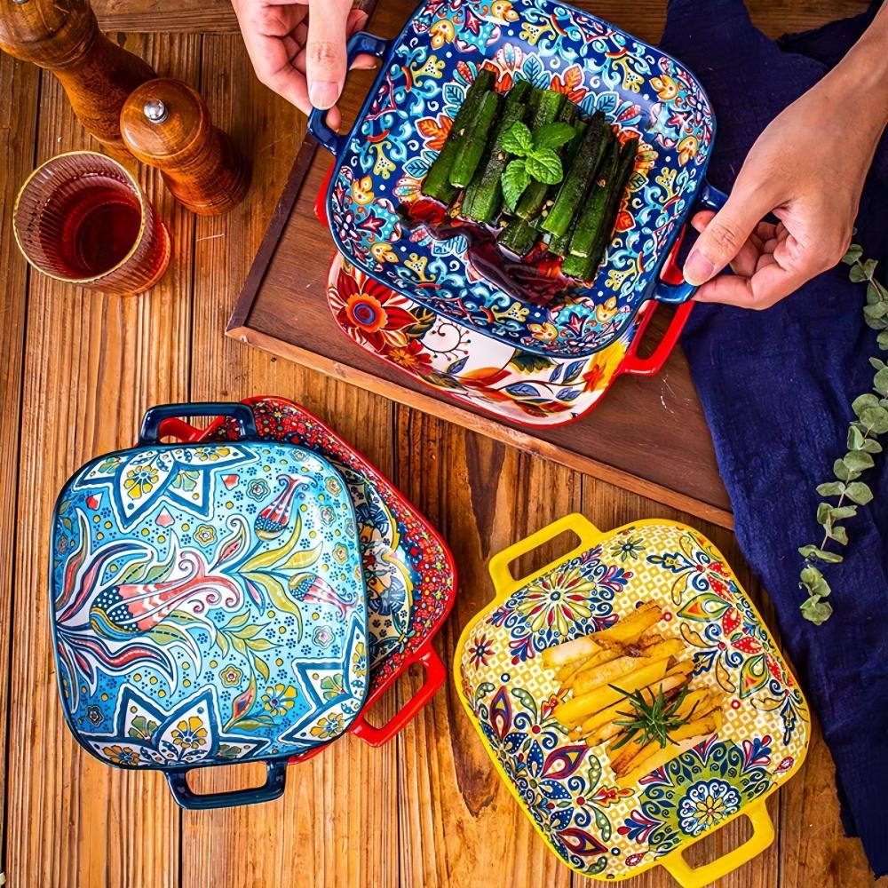 Bohemian Ceramic Square Serving Plates with Handle, 4 Counts/set Salad Plates for Home Kitchen and Dining Room Ceramics Plate #GLOBAL PICKS