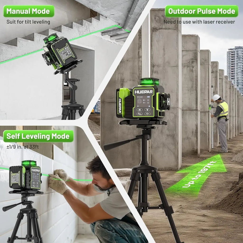 Huepar 2026 New Construction Laser Level 3x360 Self Leveling, 3D 12 Lines Bluetoothed Laser Level with Electric Rotating Base ＆ Large LCD Screen, 3 Planes Green Cross Lazer Leveler Tool W03CG
