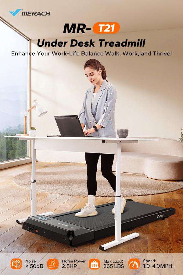 Merach Under Desk 2-in-1 Walking Pad for Home & Office, 2.25HP Low-Noise Portable 265lbs Treadmill with LED Display for Walking and Jogging BackToSchool