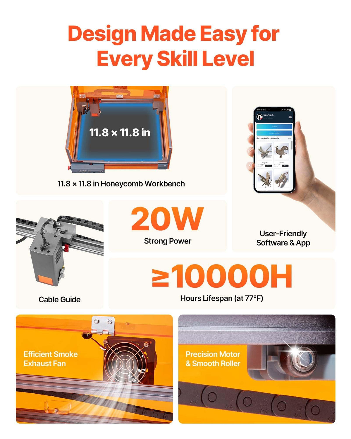 VEVOR 20W Laser Engraver & Cutter with Enclosure Safe, 11.8x11.8in Working Area, 7000mm/min Fast Engravings, Smooth Edges, Supports Apps, for Wood Leather Glass Certain Metal Pet Supplies,sohochic