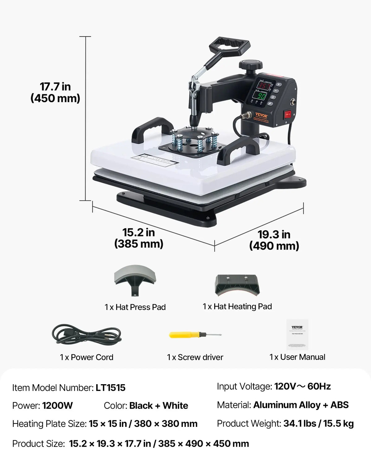【Fallpicks】VEVOR Heat Press Machine, 15 x 15 in, 360° Swing Away, 1200W Double Tube Fast and Even Heating, Digital Precise Control, Sublimation Press Machine for T-Shirts, Hats, Caps