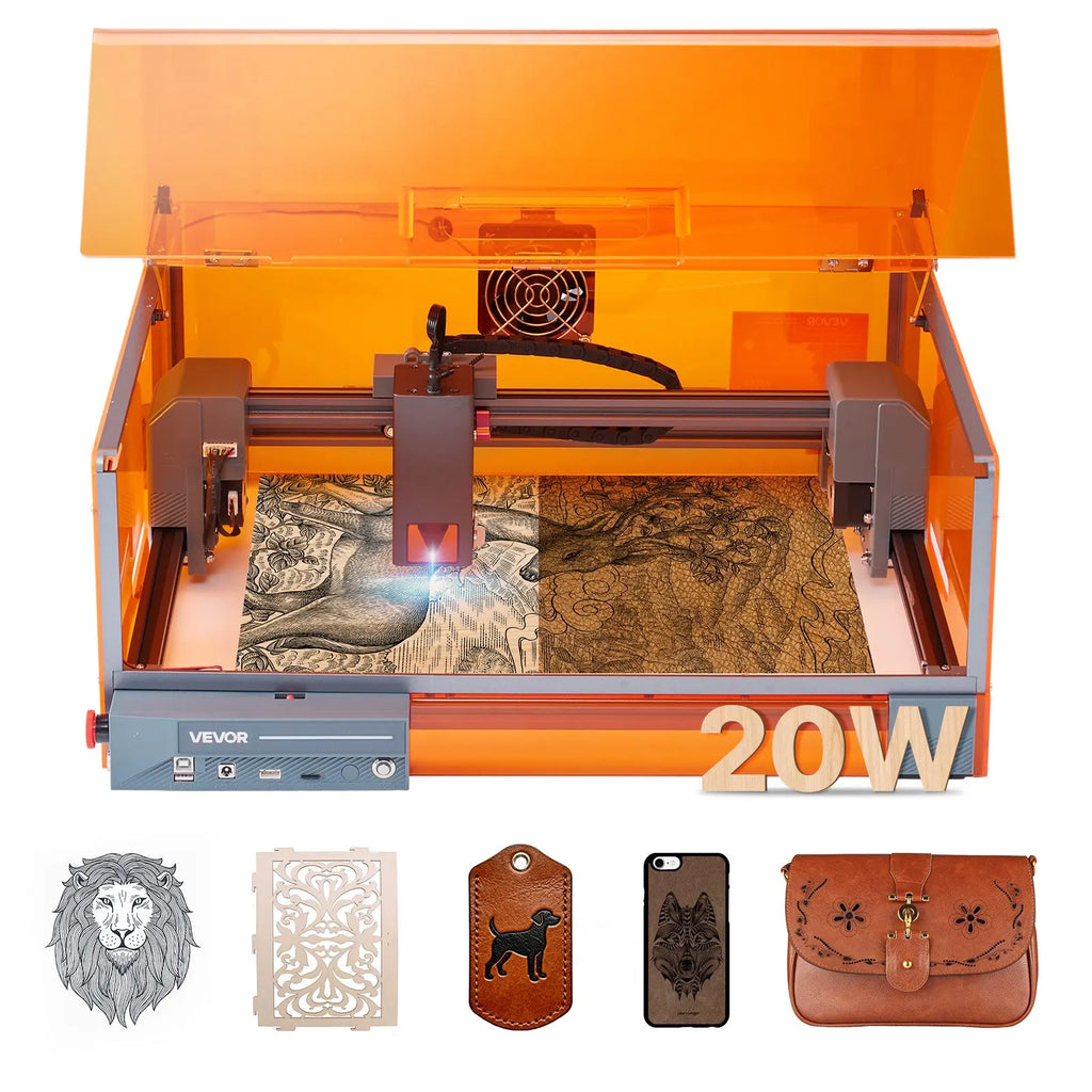 VEVOR 20W Laser Engraver & Cutter with Enclosure Safe, 11.8x11.8in Working Area, 7000mm/min Fast Engravings, Smooth Edges, Supports Apps, for Wood Leather Glass Certain Metal Pet Supplies,sohochic