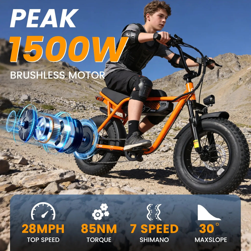 ESKUTE V101 Moped Style Fat Tire Electric Bike for Adults Youth, 1500W All-Terrain E-Bike, 28MPH, 48V 13Ah Removable Battery, Up to 60-Mi Range (PAS 1), 330lbs Capacity, NFC Unlock, Back to School Haul Birthday Graduation Cool Outdoor Stuff