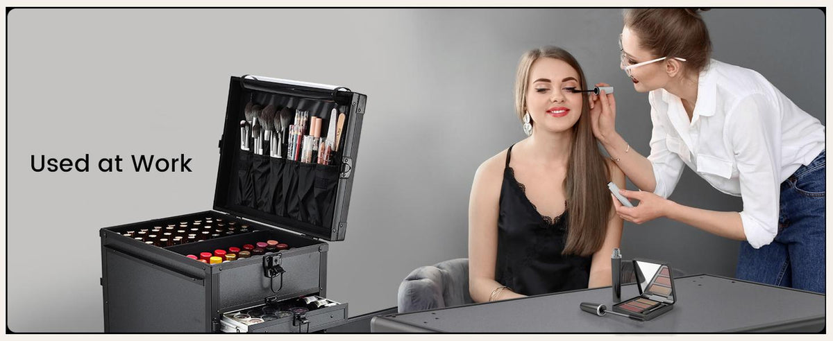 Rolling Manicure Table Foldable Nail Table Makeup Train Case on Wheels Cosmetic Trolley with 5 Drawers & Brush Pouch for Technician Workstation Salon