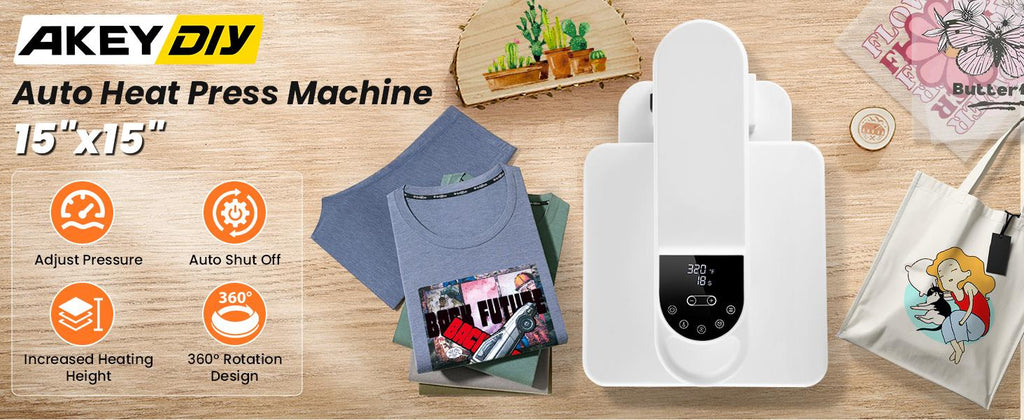 AKEYDIY Automatic Bundle Heat Press Machine Combo for Business - 15x15 Auto Unit, Digital Mug Unit, Sublimation Papers, DTF Stickers, Tape, Gloves with Custom Printing, Heat Transfer Capabilities