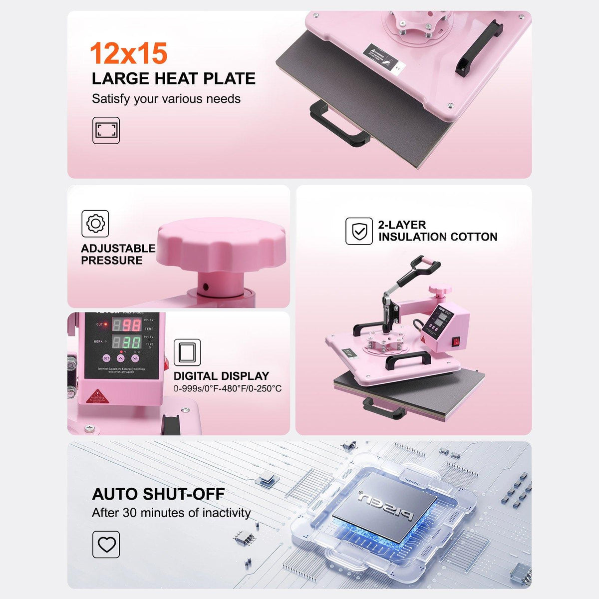 VEVOR Heat Press Machine, 12x 15 inch, 5 in 1 Heat Transfer Machine with 30 oz Tumbler Press, 360 Swing Away T-Shirt Pressing, Digital Precise Control, for T-Shirts/Mugs/Hats/Plates, Pink, 5-In-1 Combo