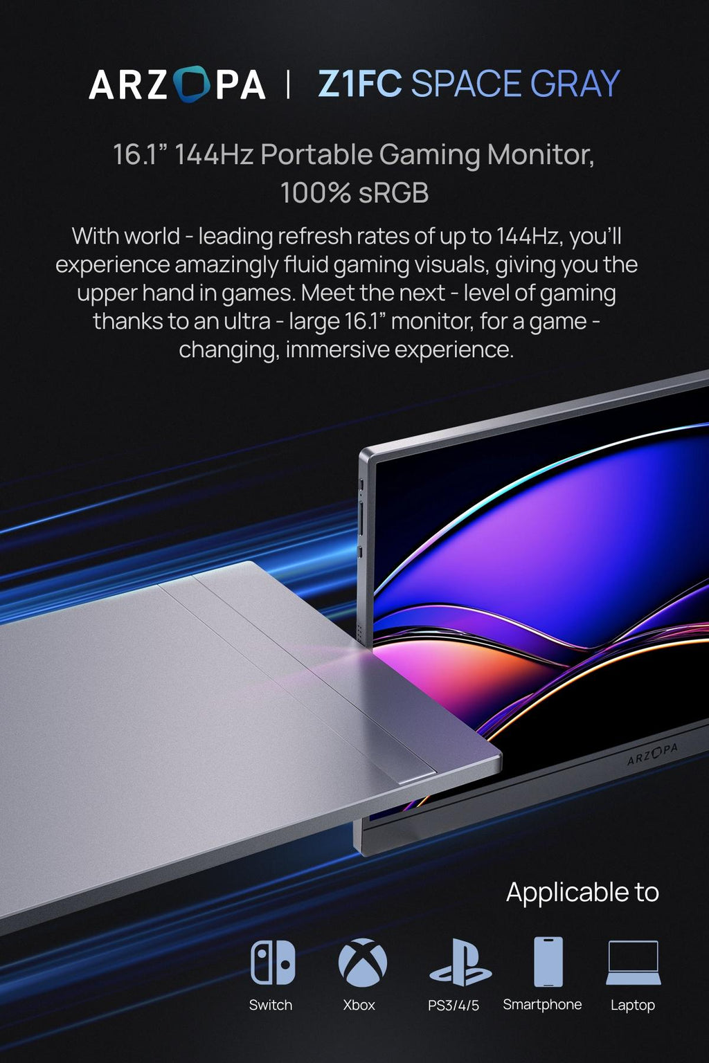ARZOPA Z1FC, 16.1'' 144Hz Portable Gaming Monitor, 100% sRGB, 1080P FHD, Kickstand Portable Monitor, External Second Screen for PS5 Xbox Laptop PC Switch
