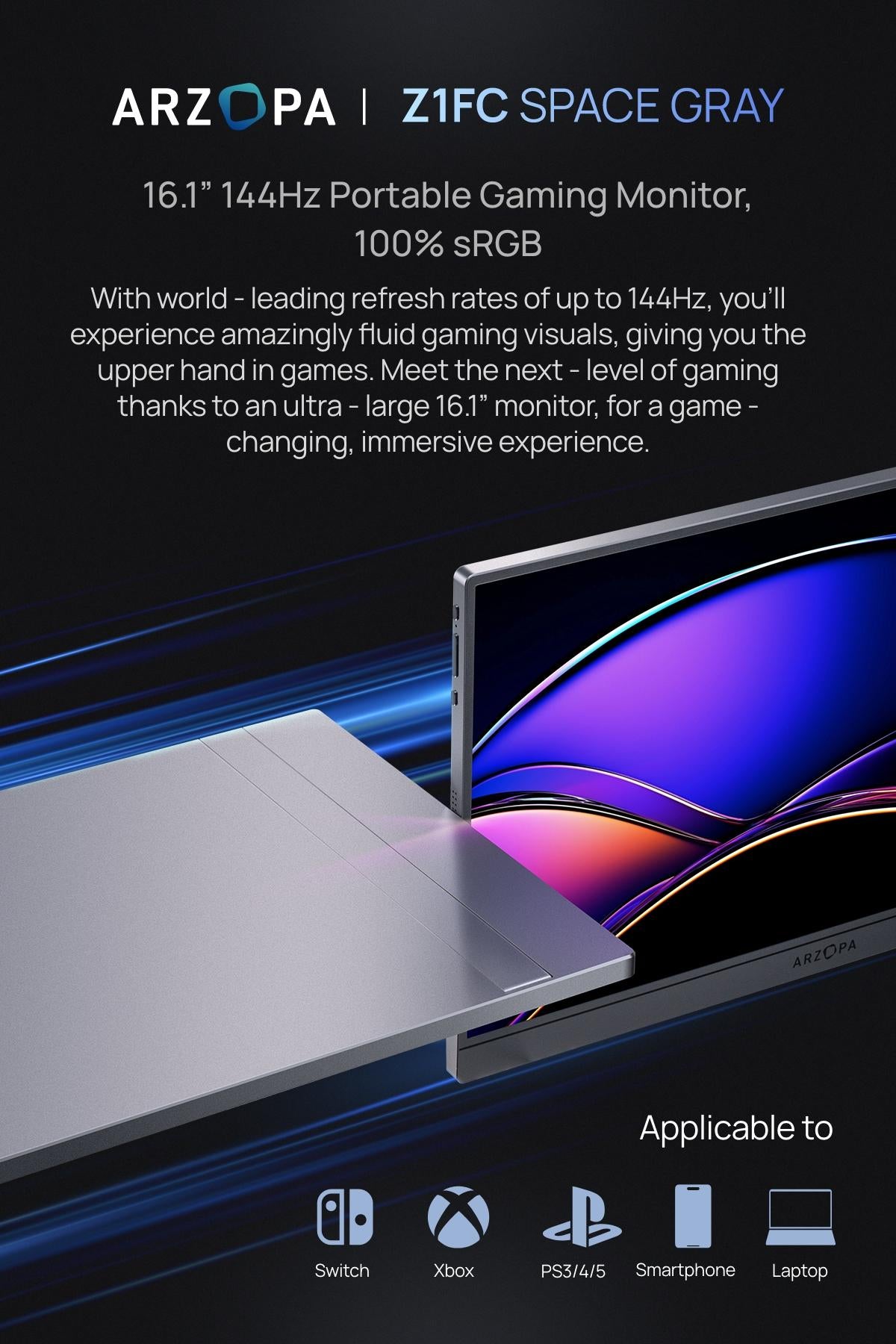 ARZOPA Z1FC, 16.1'' 144Hz Portable Gaming Monitor, 100% sRGB, 1080P FHD, Kickstand Portable Monitor, External Second Screen for PS5 Xbox Laptop PC Switch