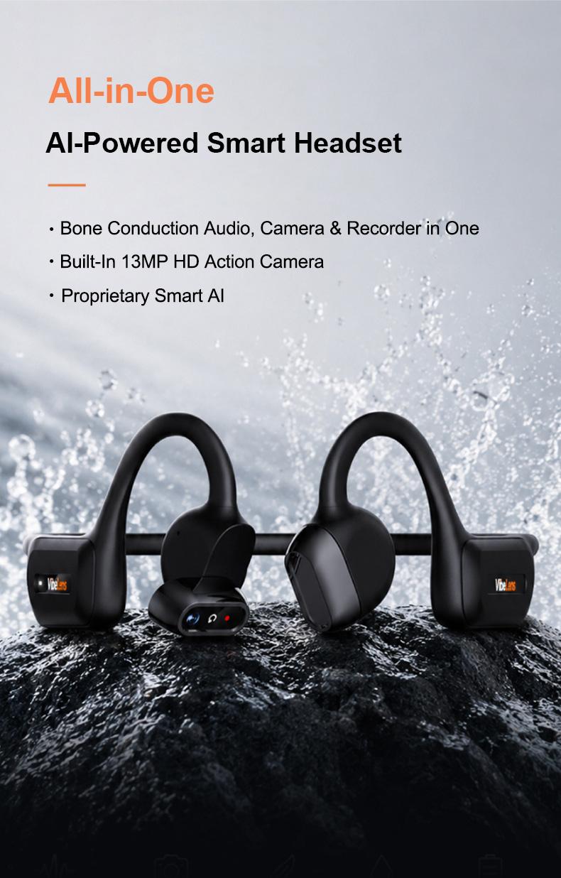VibeLens Bone Conduction Headphones with 4K POV Camera, Hands-Free POV Video Recording, 6-Axis Image Stabilization, Open-Ear Bluetooth Sports Headset with AI Voice Assistant, Offline Music Playback, IP68 Waterproof for Swimming, Cycling and Travel
